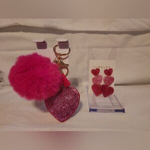 Valentines Bundle- Pink Heart Keychain and Earrings Set
